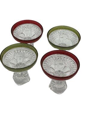Clear Glass Sherbet Cups Red Green Rim Pedestal Dessert Bowls Set